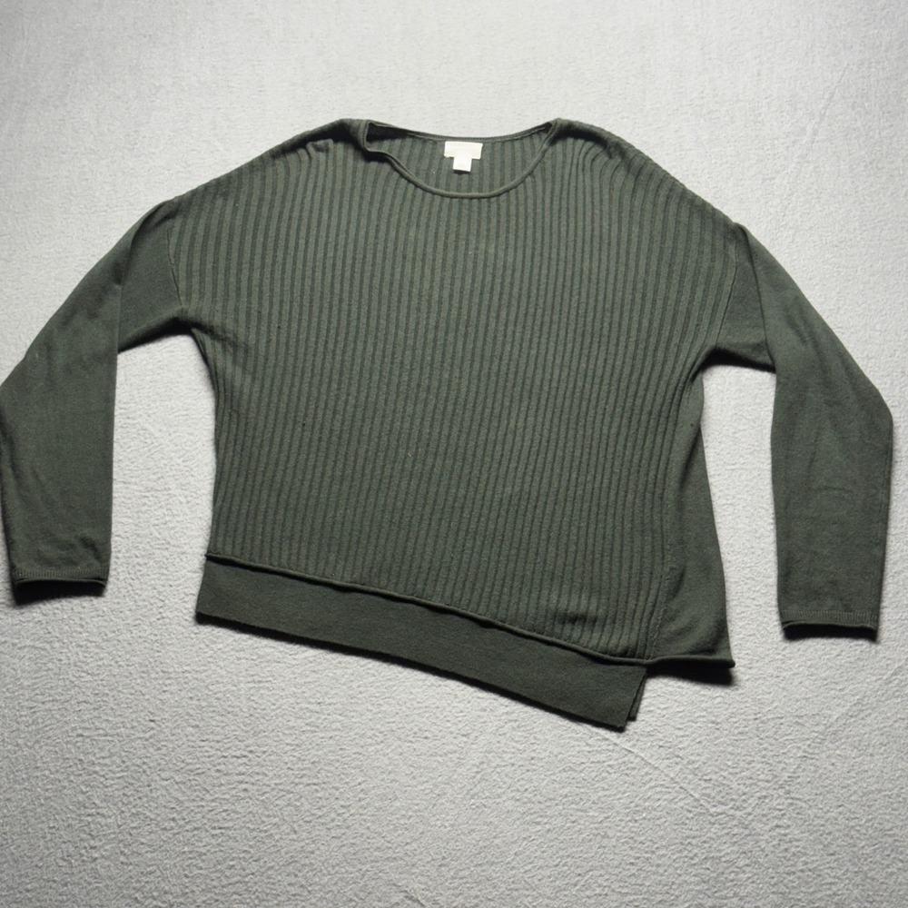 Caslon Green Ribbed Sweater Womens Large Asymmetrical Hem Cotton Wool Pullover